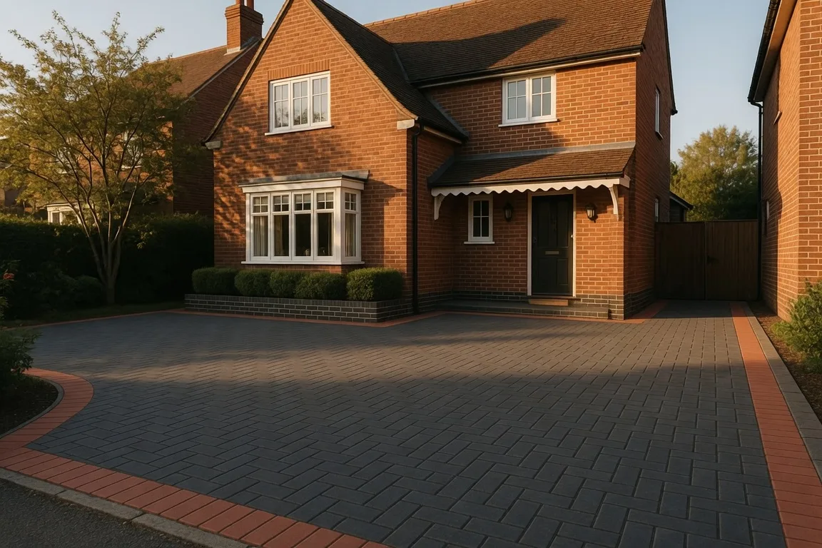 A completed block-paved driveway and front boundary wall.