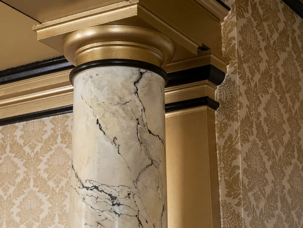 A hand-marbled column with a gilded capital, set against damask wall covering.