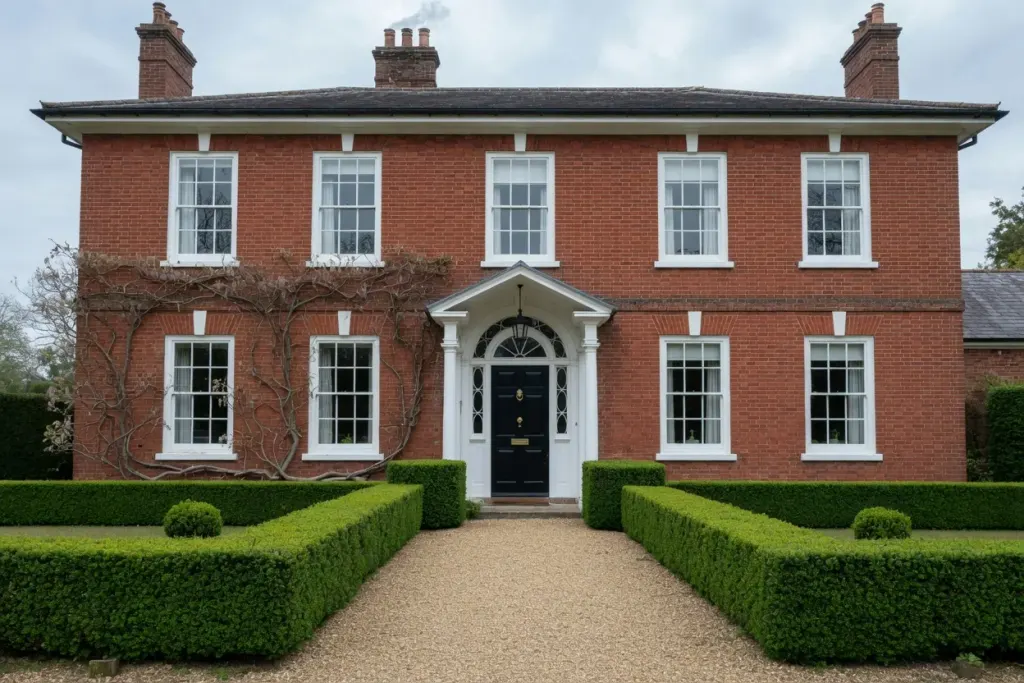 Front elevation of a red-brick Georgian house with white sash windows, a black door and formal box hedging.